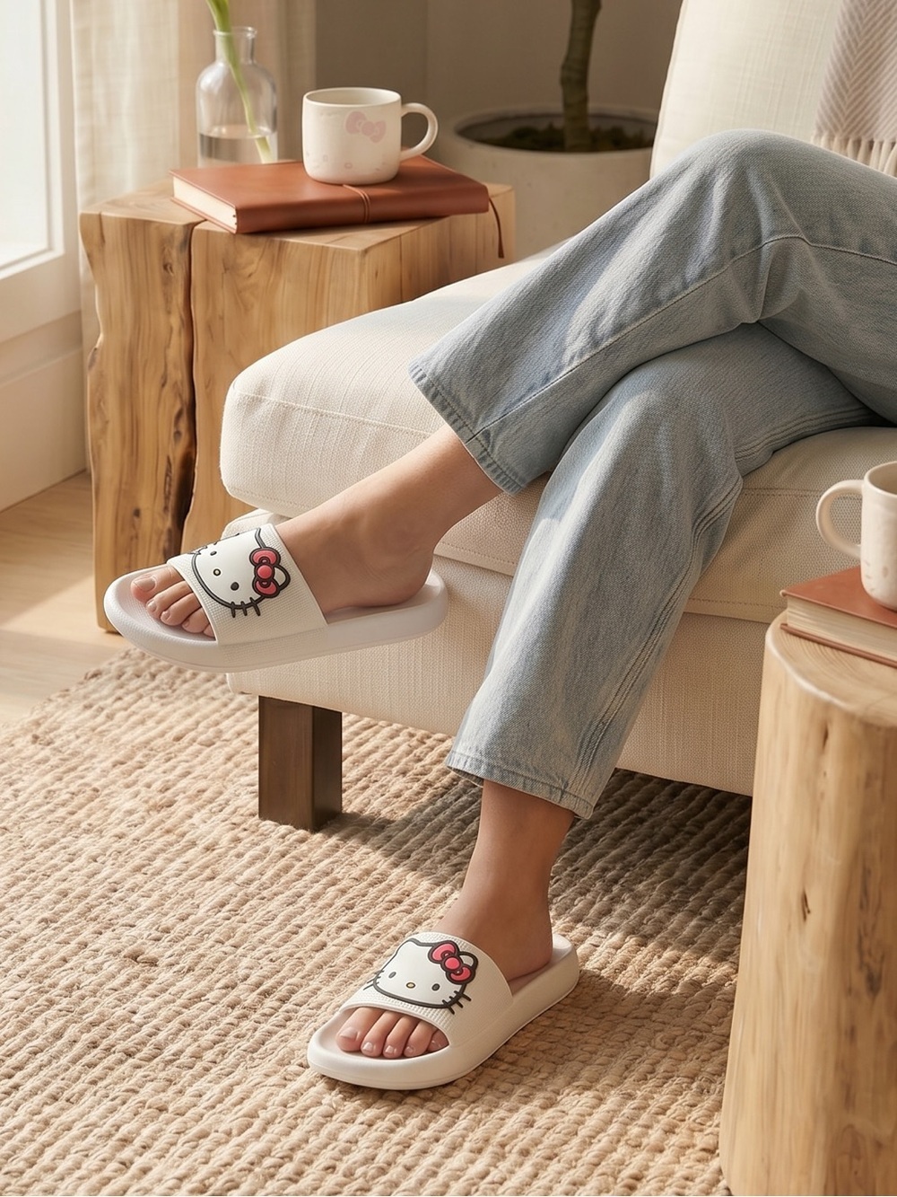 Hello Kitty White and Pink Slide Sandals for Women